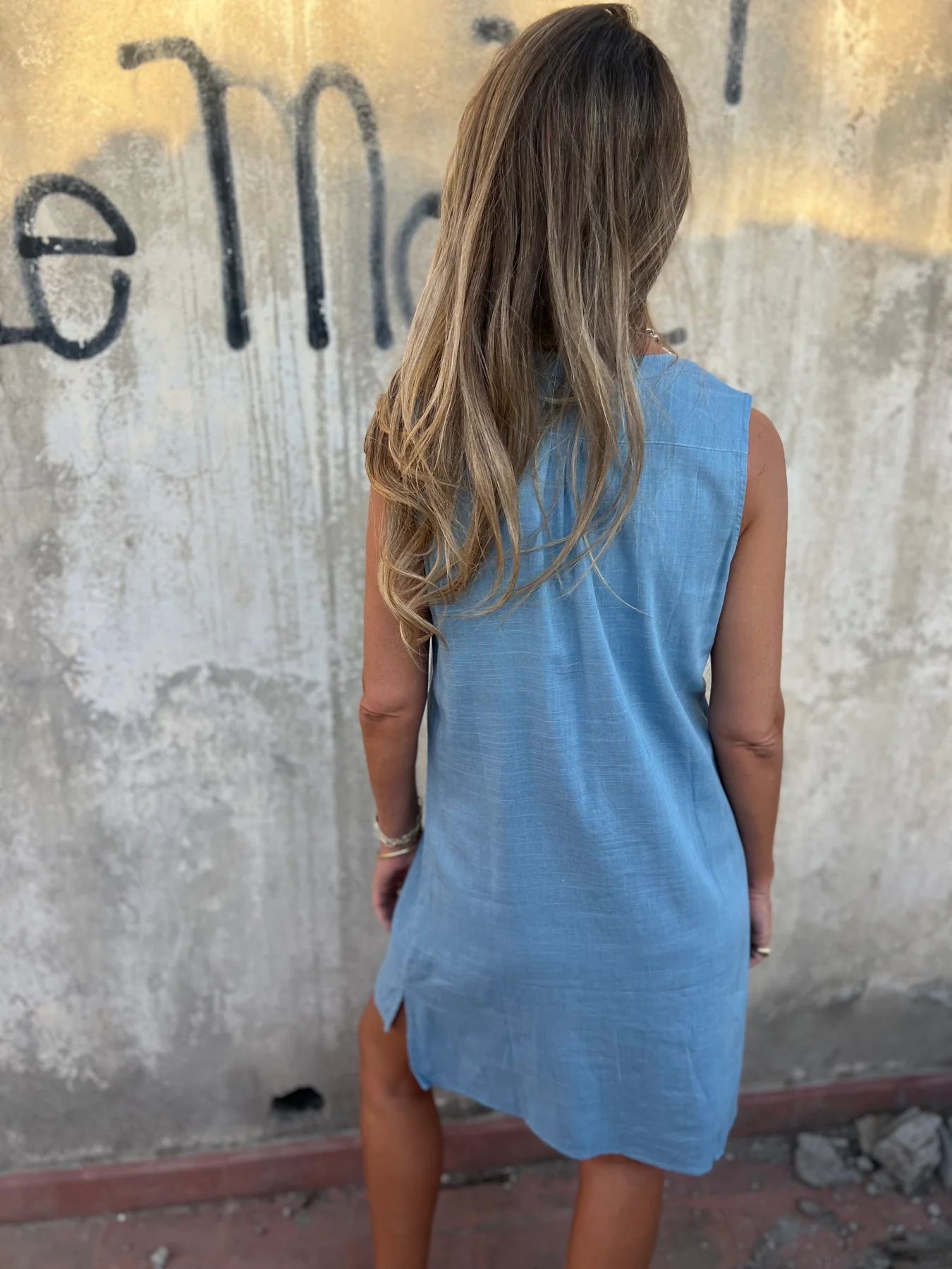 Nerelle - Casual Cotton and Linen Dress with V-Neck and Side Pocket