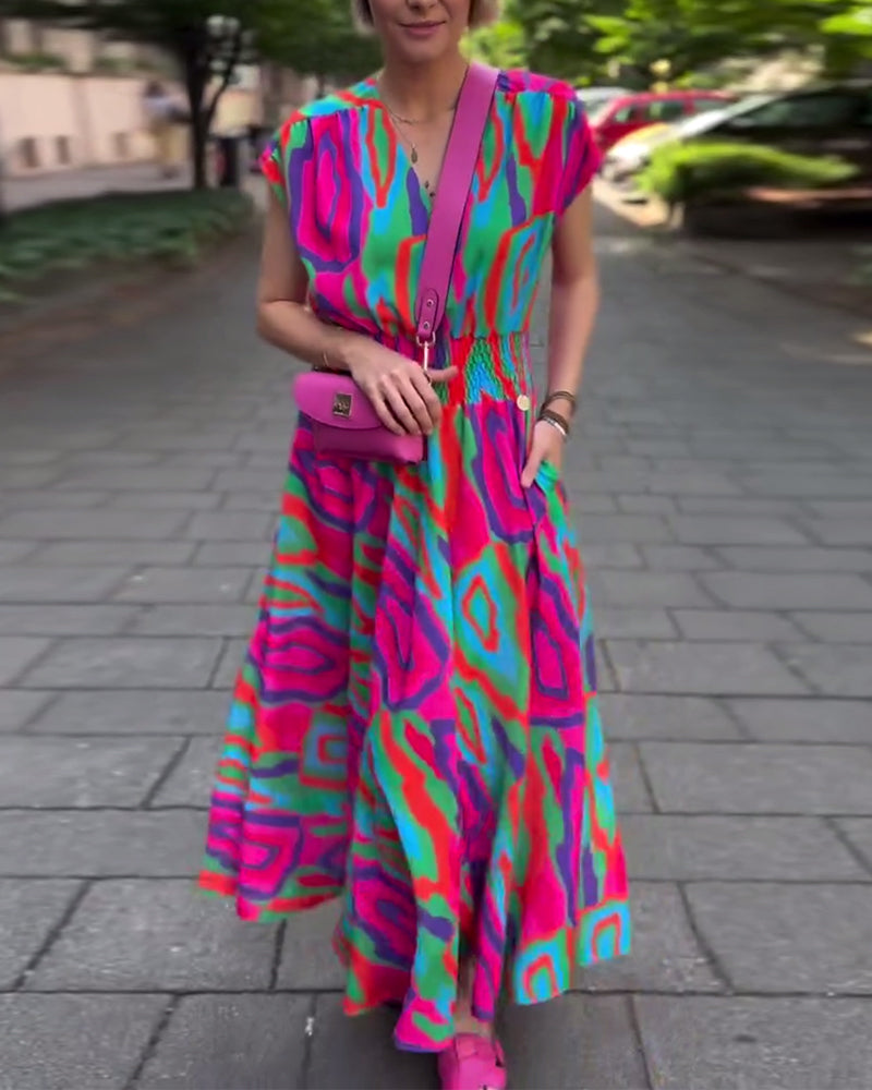 Roxana - Long dress with colorful print, V-neck and raglan sleeves