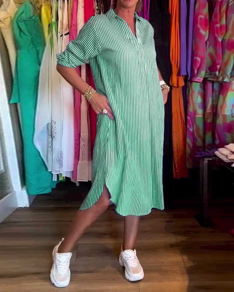 Cato - Striped Shirt Dress with Lapel Collar
