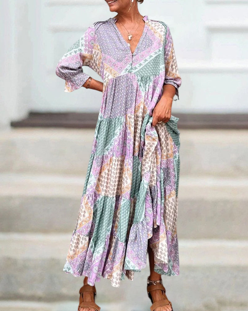 Quinna - Colourful maxi dress with Colour block print and 3/4 sleeves