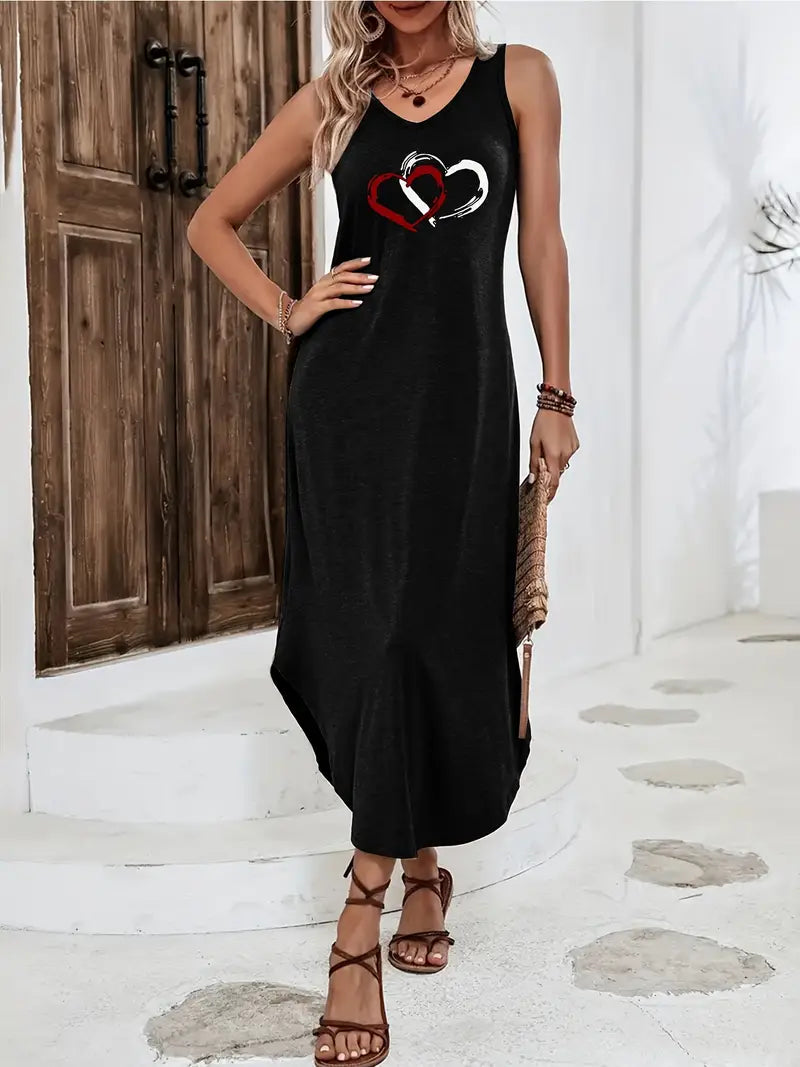 Dionara - Casual Sleeveless V-Neck Heart Print Summer Dress
