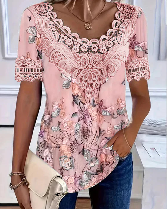 Amalina - Floral Print Short Sleeve T-shirt for a Fresh and Casual Style
