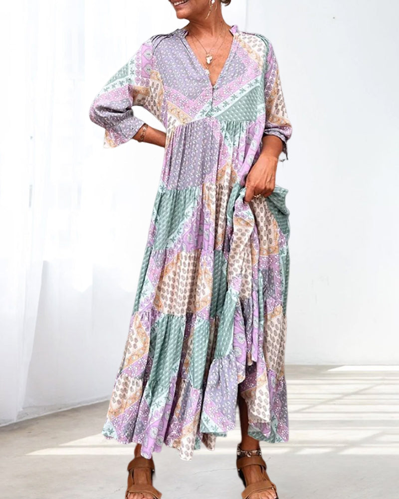 Quinna - Colourful maxi dress with Colour block print and 3/4 sleeves