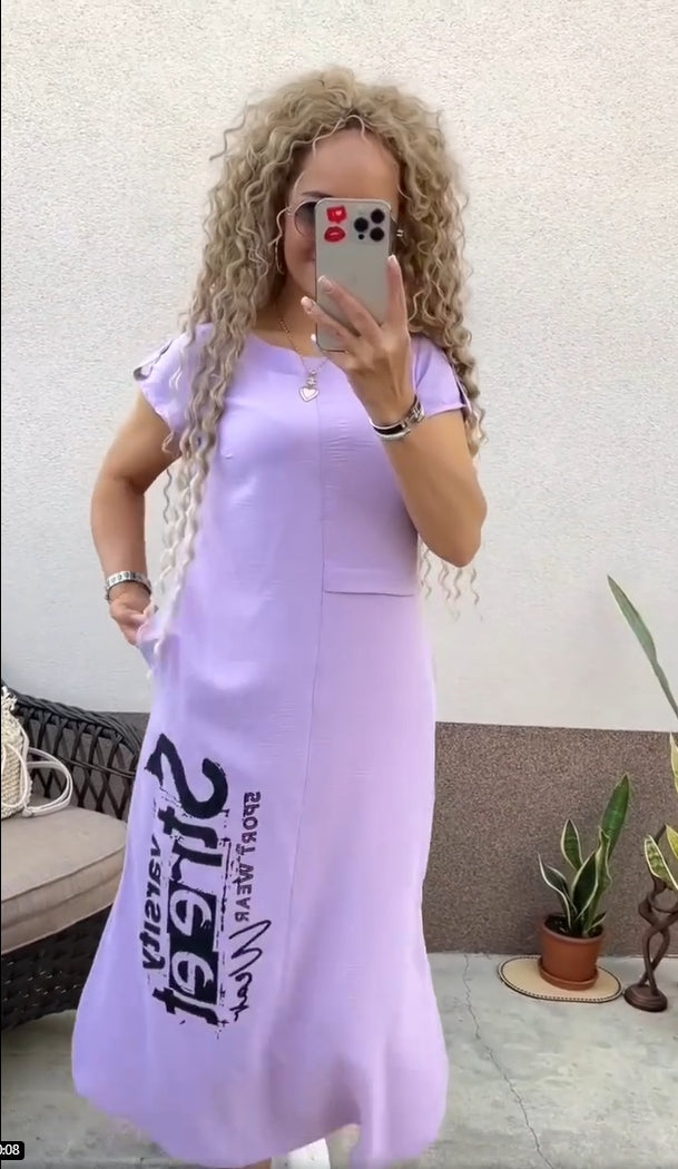 Delara - Letter Print Dress with Round Neck and Slit at Pockets