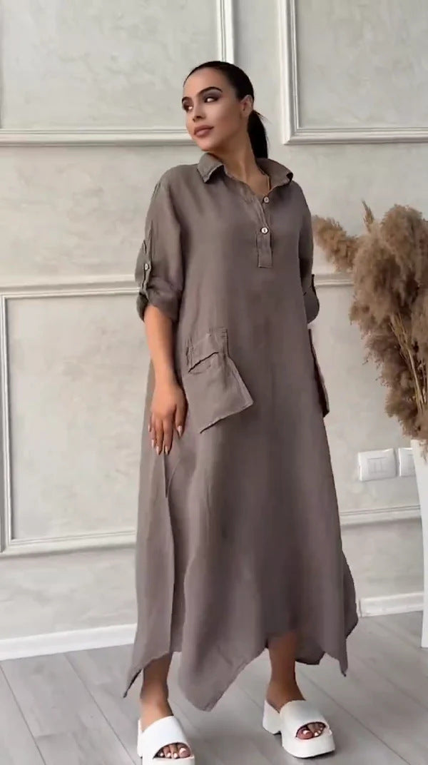 Leontine - Women's maxi dress in linen and cotton with lapels