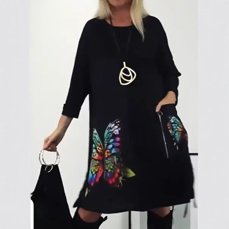 Florienne - MultiColoured butterfly print dress with round neck