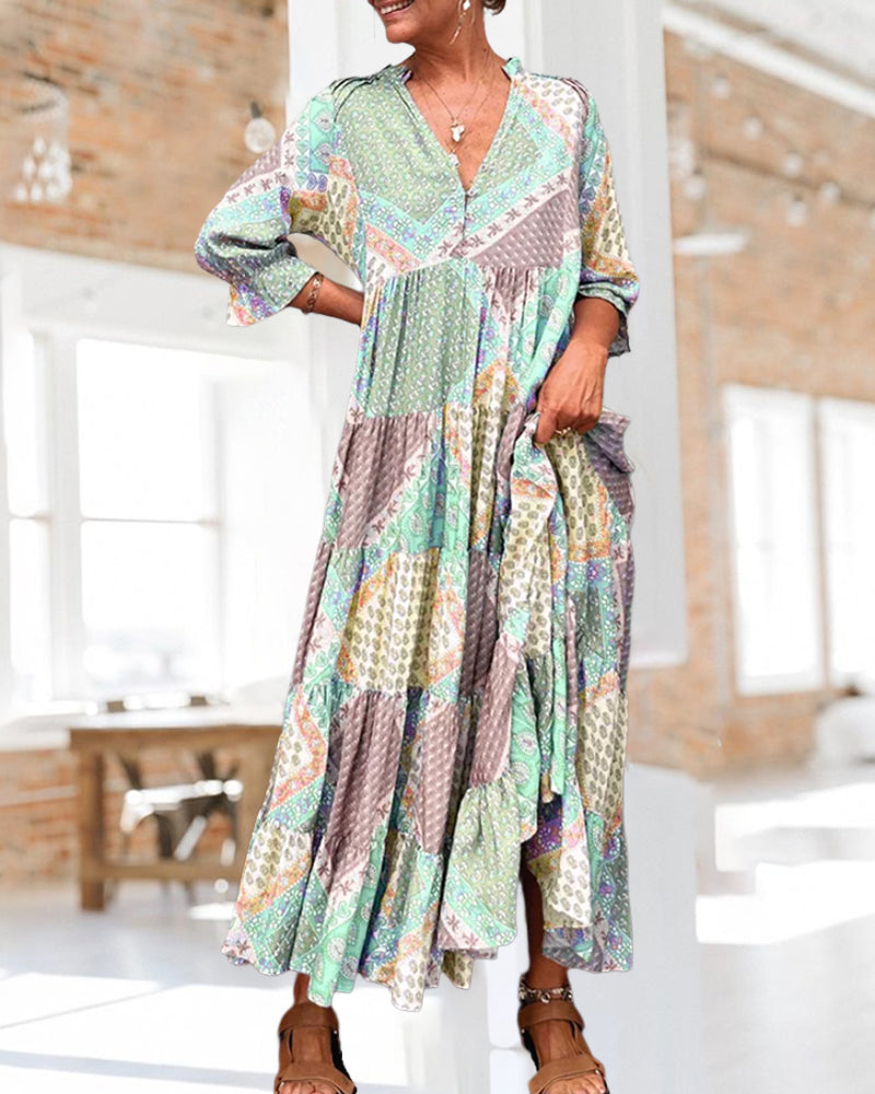 Quinna - Colourful maxi dress with Colour block print and 3/4 sleeves