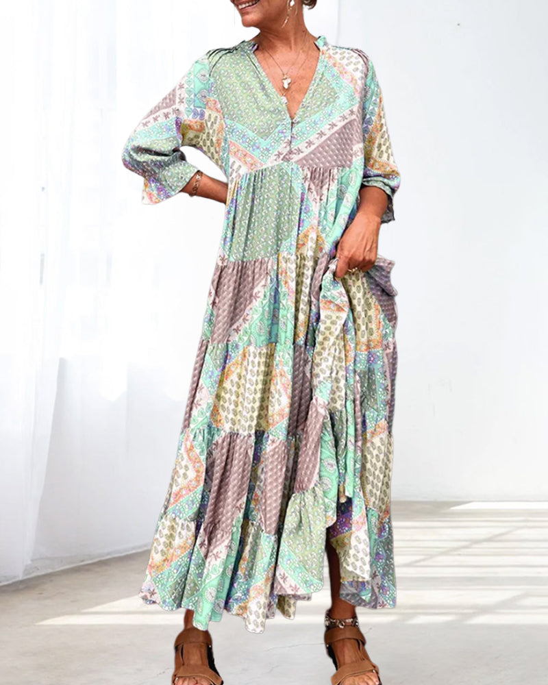 Quinna - Colourful maxi dress with Colour block print and 3/4 sleeves