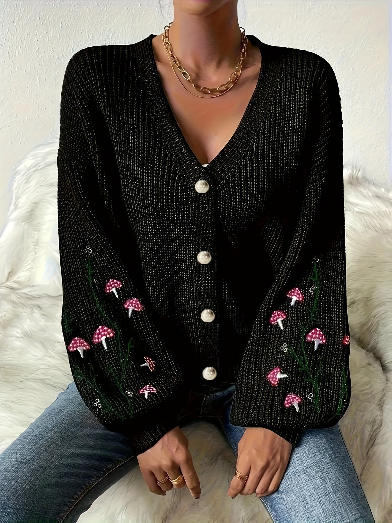 Romilly - Mushroom Embroidered Cardigan