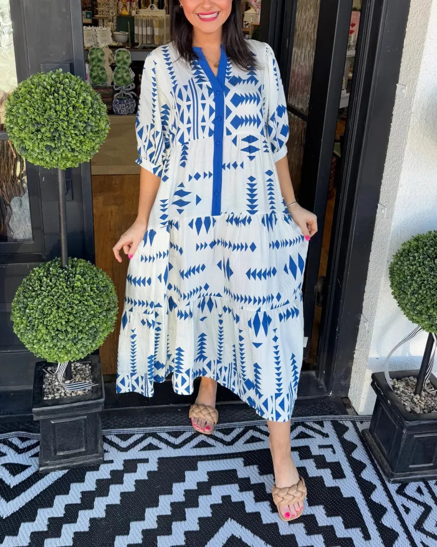 Lorelei - Geometric Button-Down V-Neck Dress