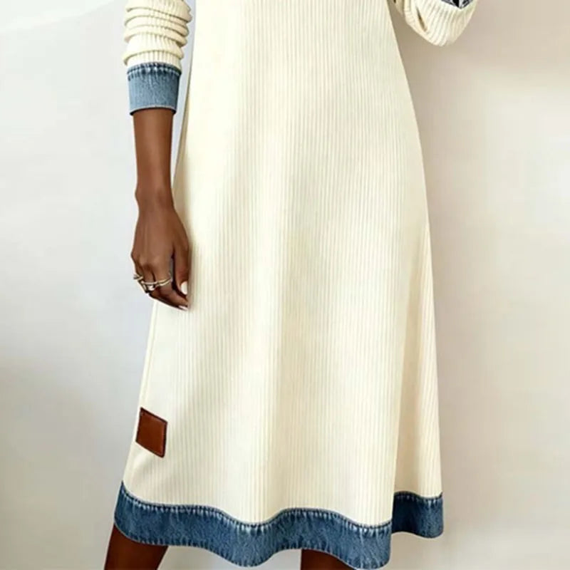 Helirra - Elegant Patchwork Shirt Collar Long Dress - Casual Fall Style