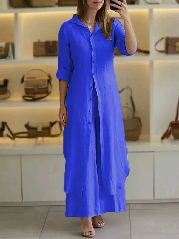 Bresina - Elegant linen set: long shirt dress and flowing trousers