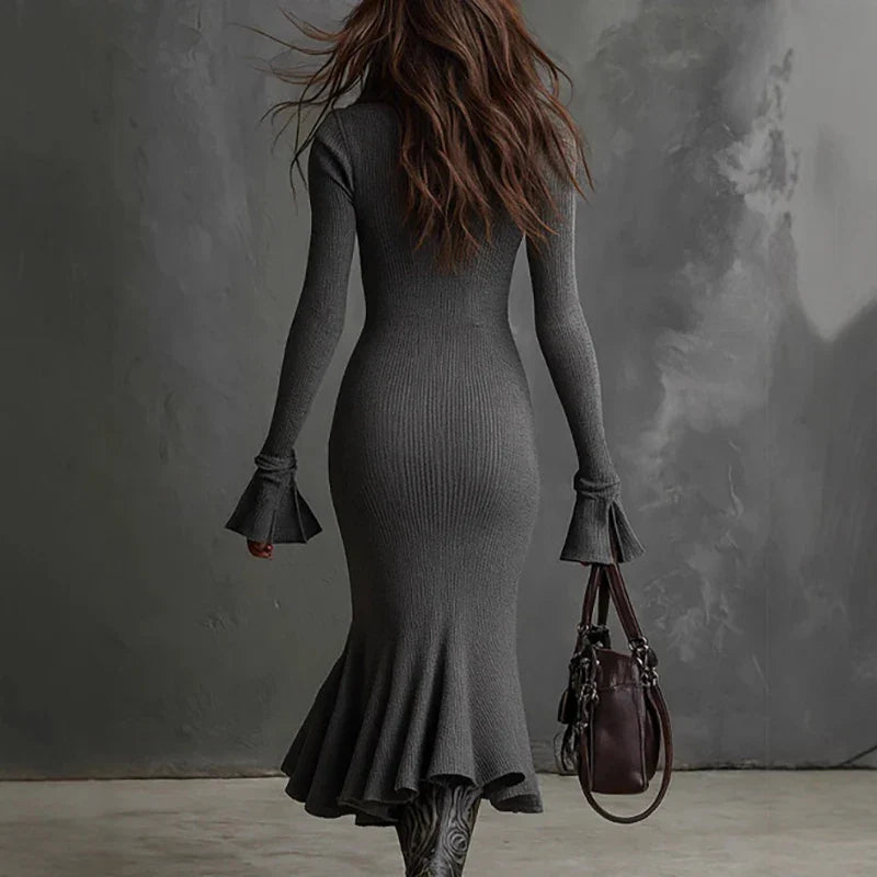 Pravielle - Long Dress with Turn-down Collar and Flared Sleeves