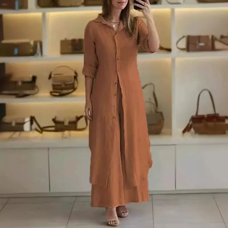 Bresina - Elegant linen set: long shirt dress and flowing trousers