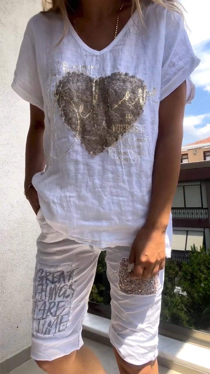 Anitra - Casual Two Piece V-Neck Set with Gold Embossed