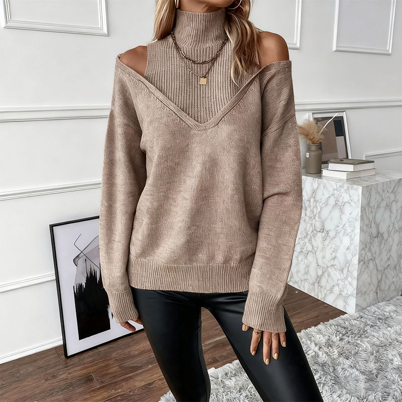 Avenelle - Women's Bold Wool Sweater with High Neck and Off-the-Shoulder