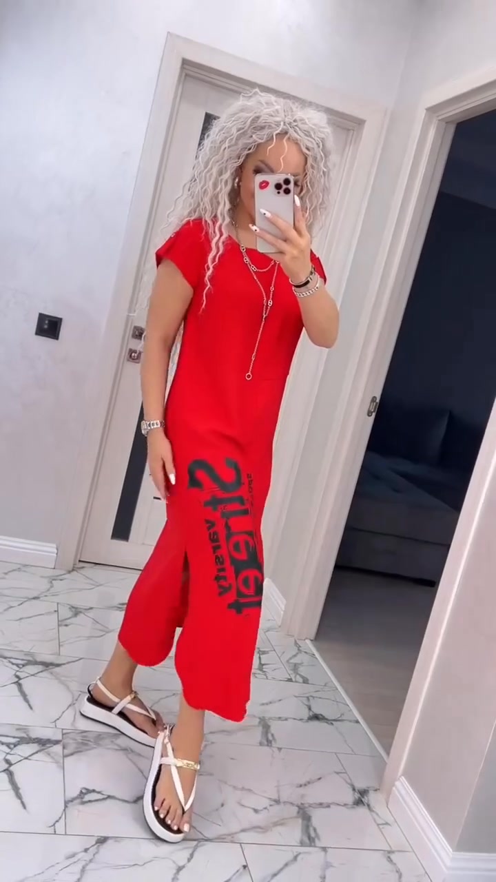 Delara - Letter Print Dress with Round Neck and Slit at Pockets