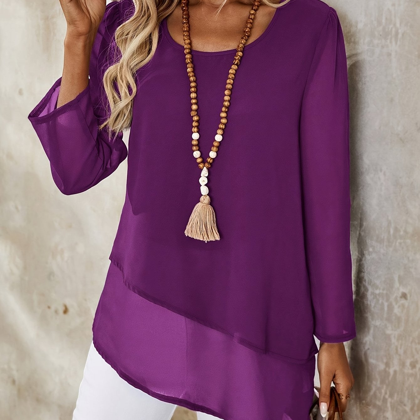 Corisande - Elegant Double Layer Blouse with Asymmetrical Hem and Light Sheerness