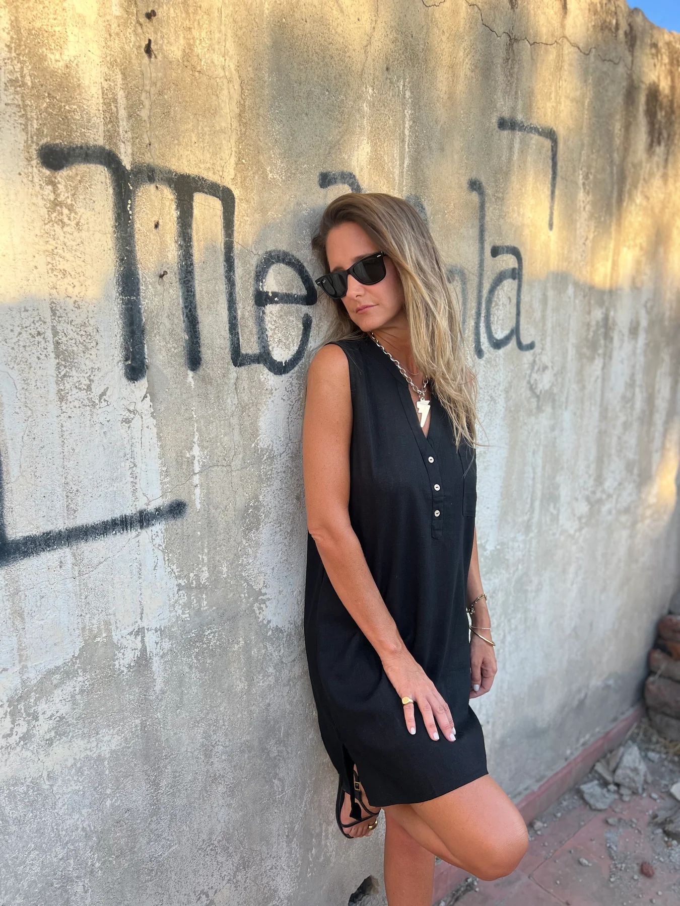 Nerelle - Casual Cotton and Linen Dress with V-Neck and Side Pocket