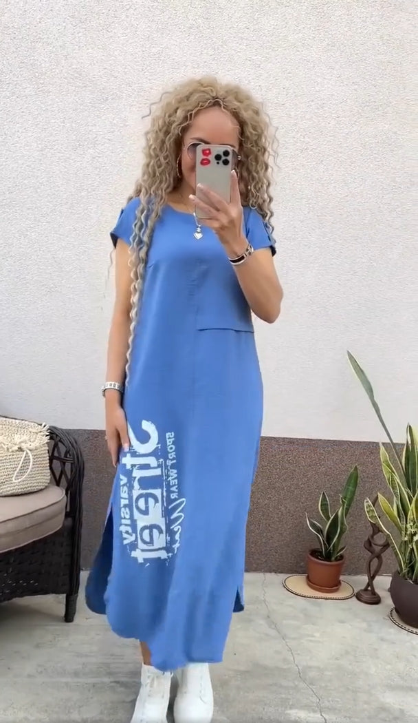 Delara - Letter Print Dress with Round Neck and Slit at Pockets