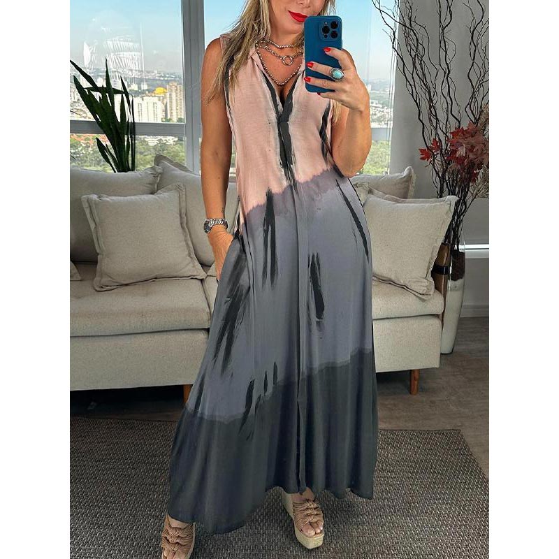 Calista - Sleeveless Tie-Dye Dress with Lapels and V-Neckline
