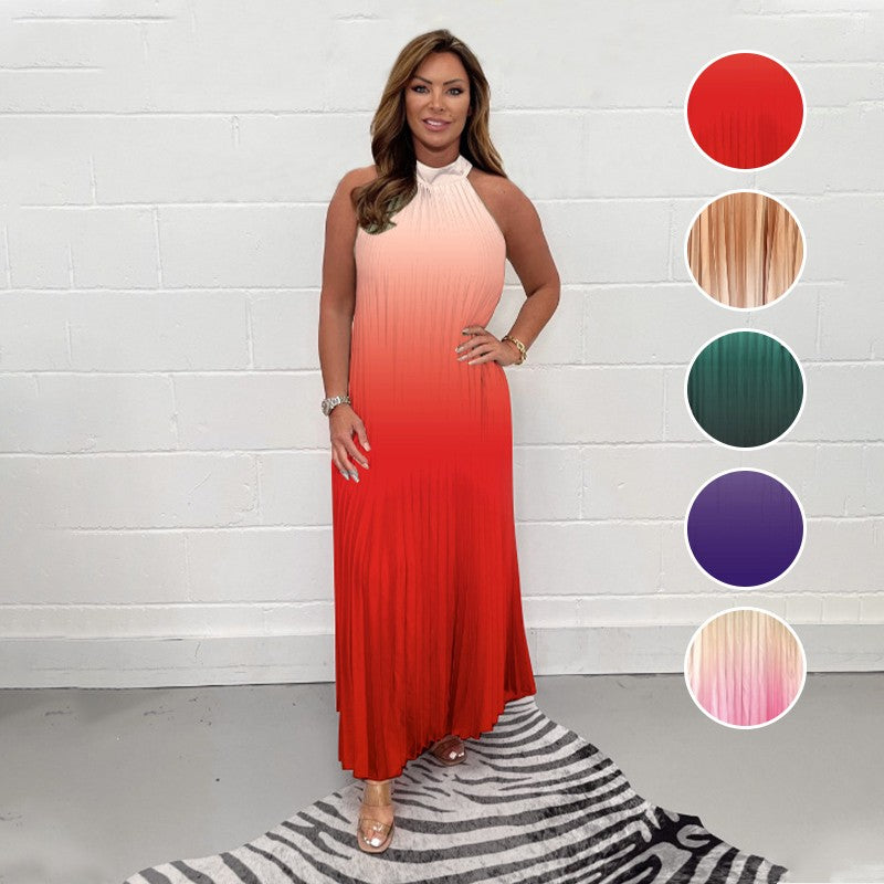 Orlena - Pleated Backless Dress with Gradient Trim