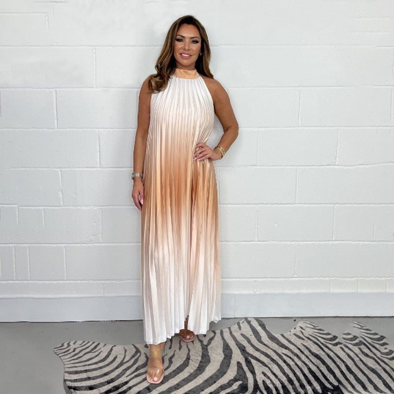 Orlena - Pleated Backless Dress with Gradient Trim