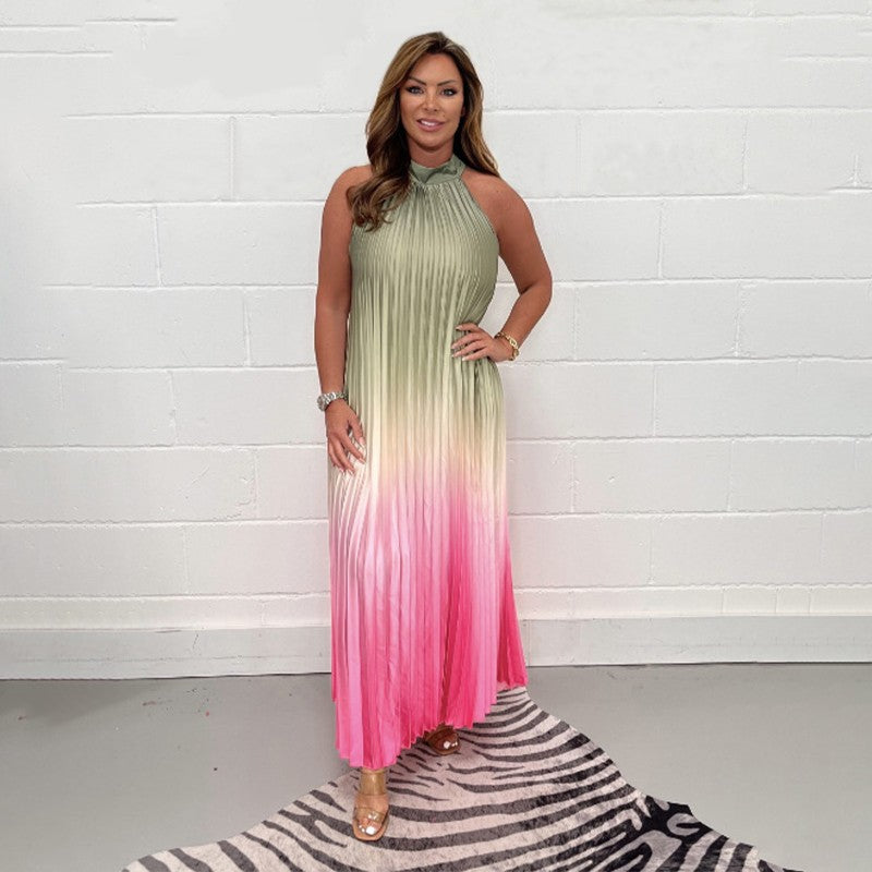 Orlena - Pleated Backless Dress with Gradient Trim