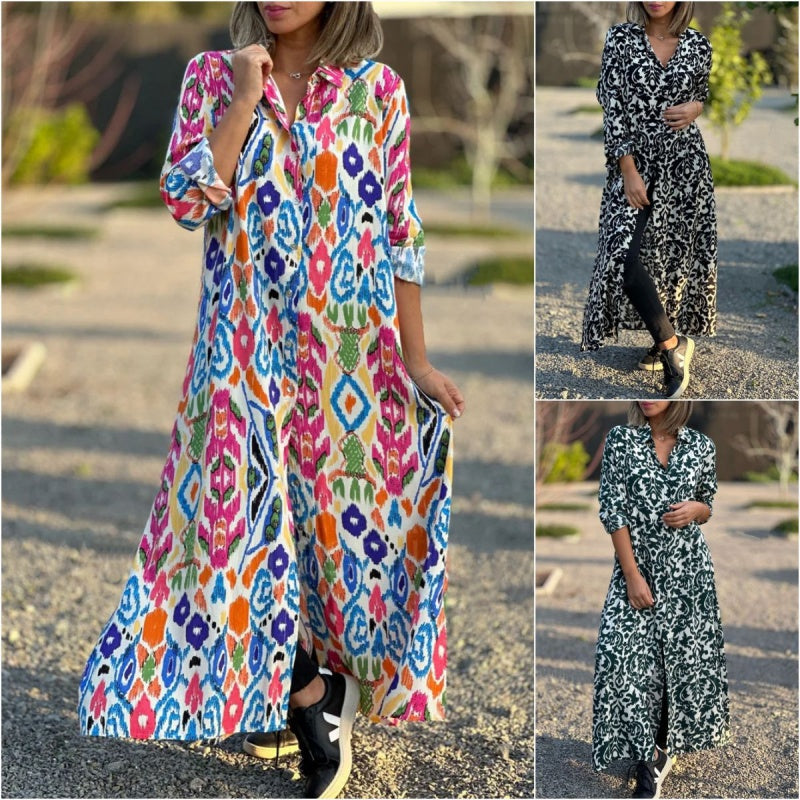 Ivonne - Long Sleeve Floral Maxi Dress with Shirt Collar