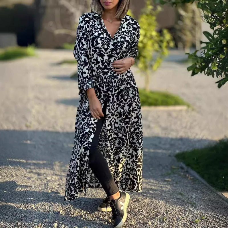 Ivonne - Long Sleeve Floral Maxi Dress with Shirt Collar