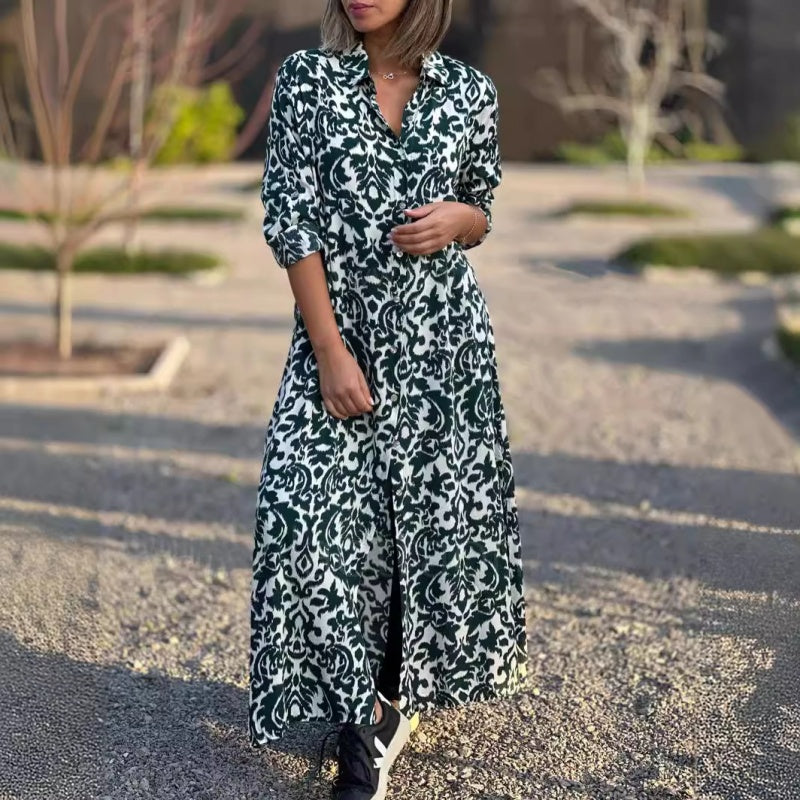 Ivonne - Long Sleeve Floral Maxi Dress with Shirt Collar