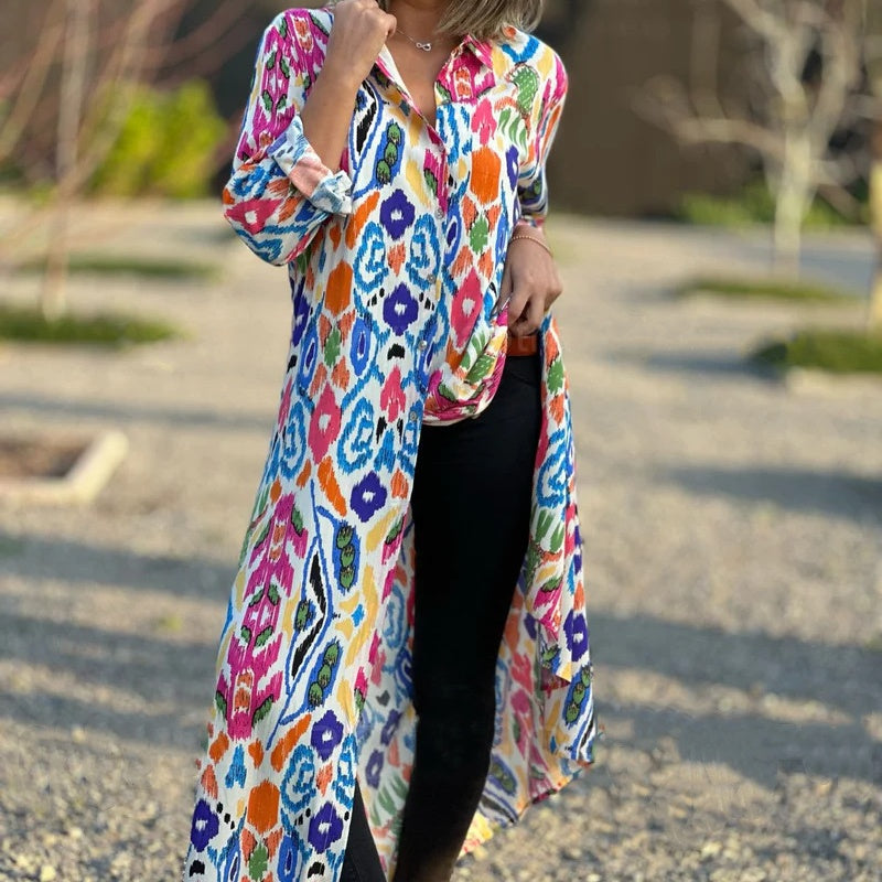 Ivonne - Long Sleeve Floral Maxi Dress with Shirt Collar