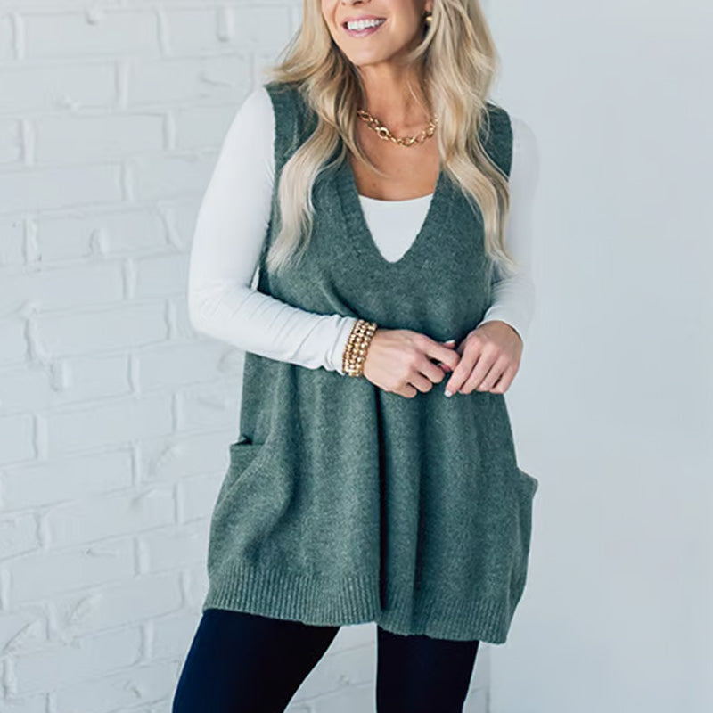 Carole - Sleeveless Knitted Vest with Pockets and V-Neck