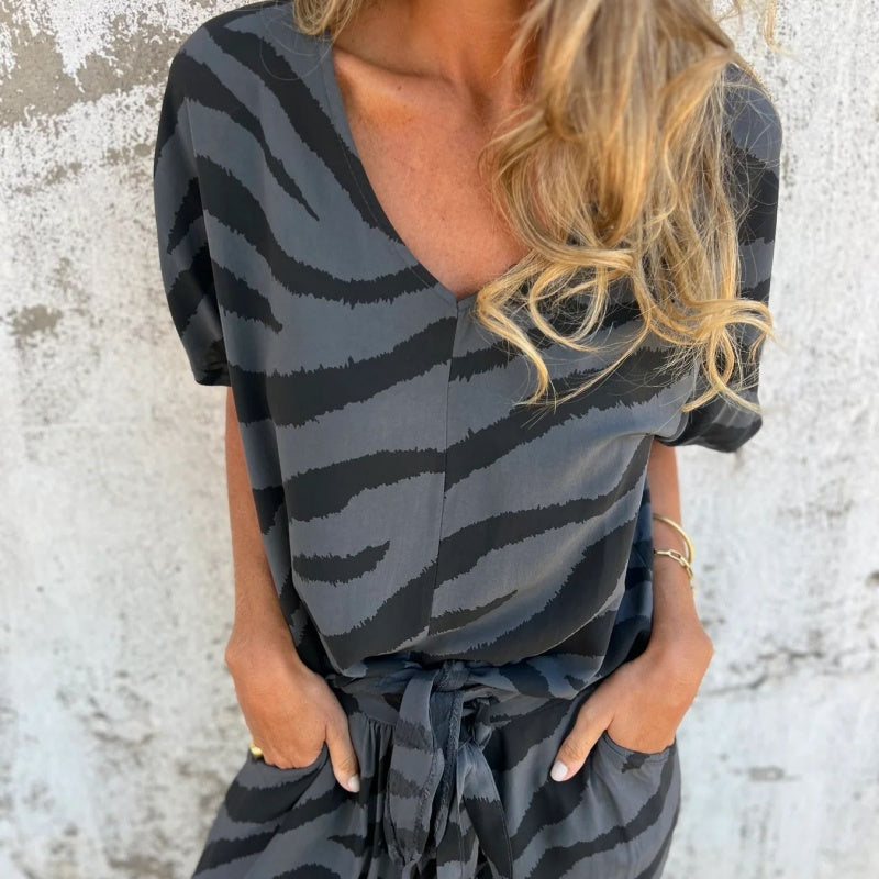 Alina - Zebra Print V-Neck Top and Pants Set