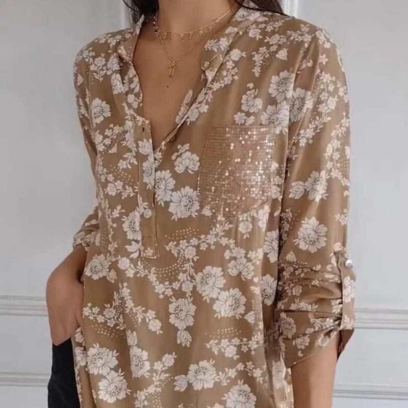 Avice - Long Sleeve Floral Blouse with Sparkly Pocket