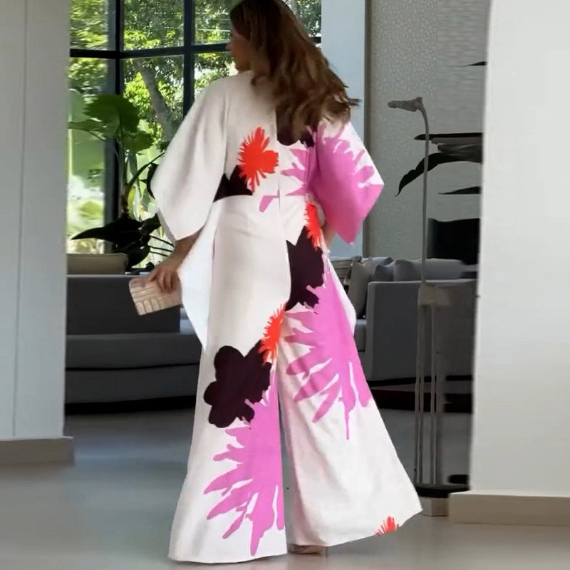 Séverine - Floral Jumpsuit with Irregular Sleeves and Wide Legs
