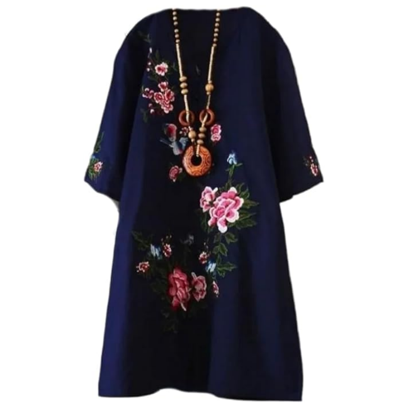 Yolanda - Loose Floral Cotton and Linen Dress with V-Neck