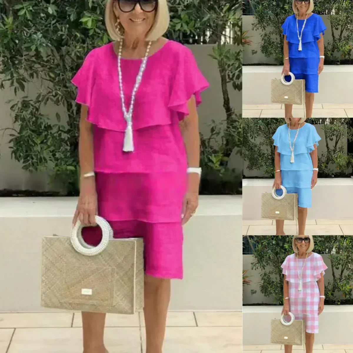 Sibel - Short Sleeve Knee Length Chiffon Dress with Ruffles