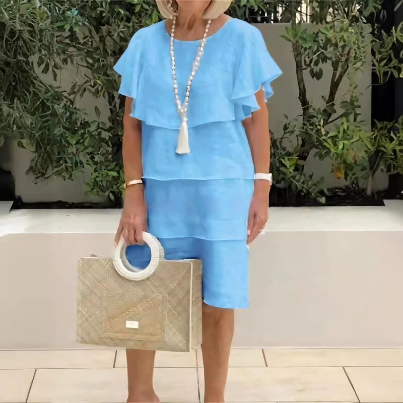 Sibel - Short Sleeve Knee Length Chiffon Dress with Ruffles