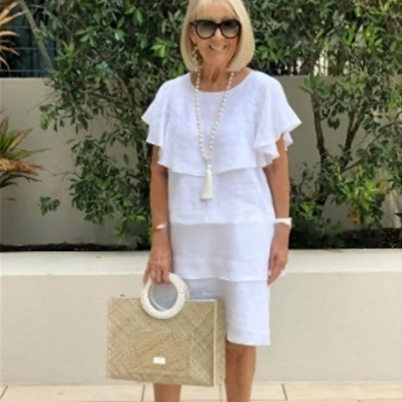 Sibel - Short Sleeve Knee Length Chiffon Dress with Ruffles