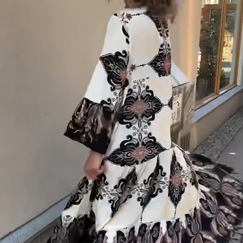 Anirelle - Elegant women's printed dress with loose, flowing V-neck and flared sleeves