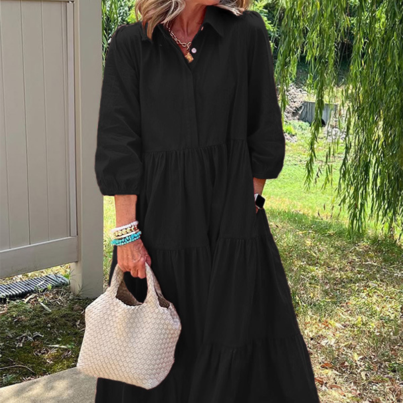 Faelina - Women's Casual Dress, Loose Fit with Lapel Collar and Ankle Length