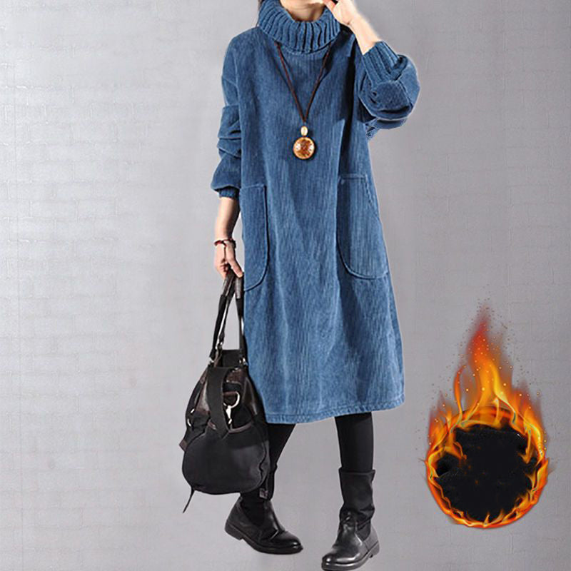 Lunavellia - Women's High Neck Corduroy Maxi Dress