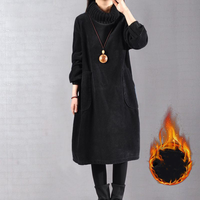 Lunavellia - Women's High Neck Corduroy Maxi Dress